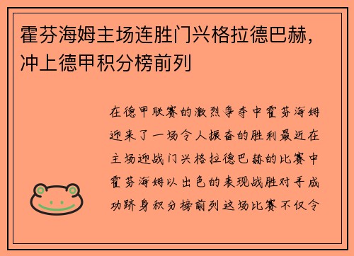 霍芬海姆主场连胜门兴格拉德巴赫，冲上德甲积分榜前列