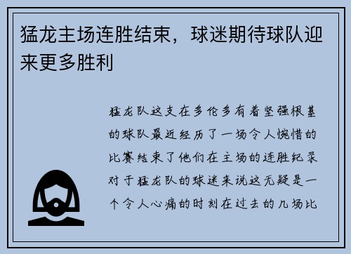 猛龙主场连胜结束，球迷期待球队迎来更多胜利