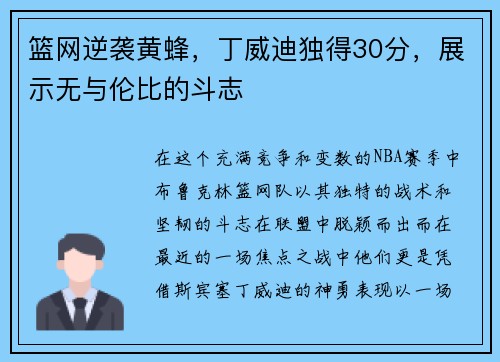 篮网逆袭黄蜂，丁威迪独得30分，展示无与伦比的斗志